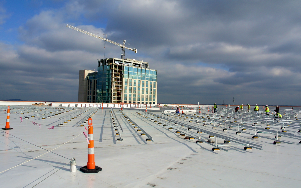 Photo of the actual installation of solar panels in Music City Center.